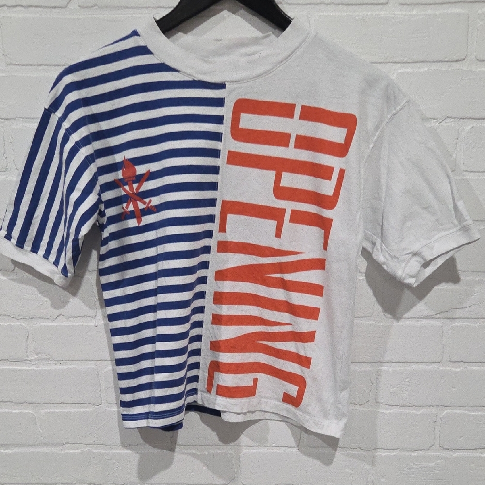 Opening Ceremony Blue and White Striped Tee with Orange Graphic